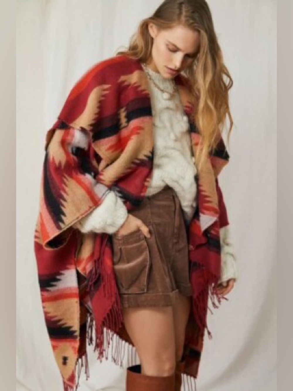 Free people Boho Red Aztec Fringe Poncho Wrap